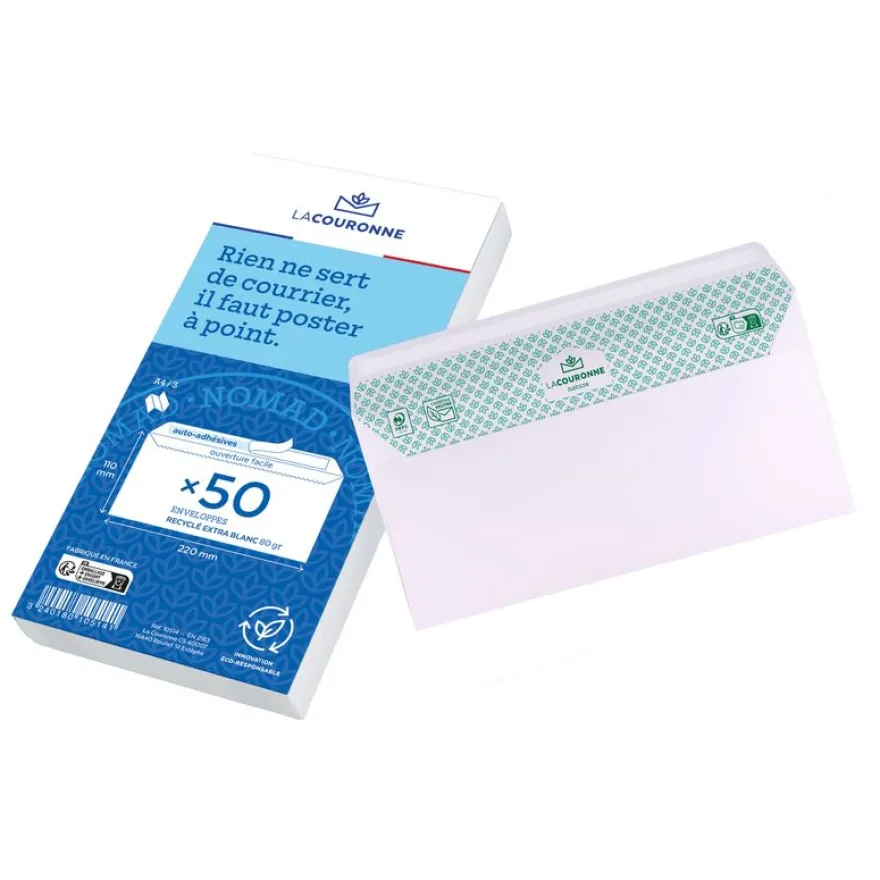 La Couronne - 50 Enveloppes recyclées DL 110 x 220 mm - 80 gr - sans fenêtre - blanc - bande auto-adhésive