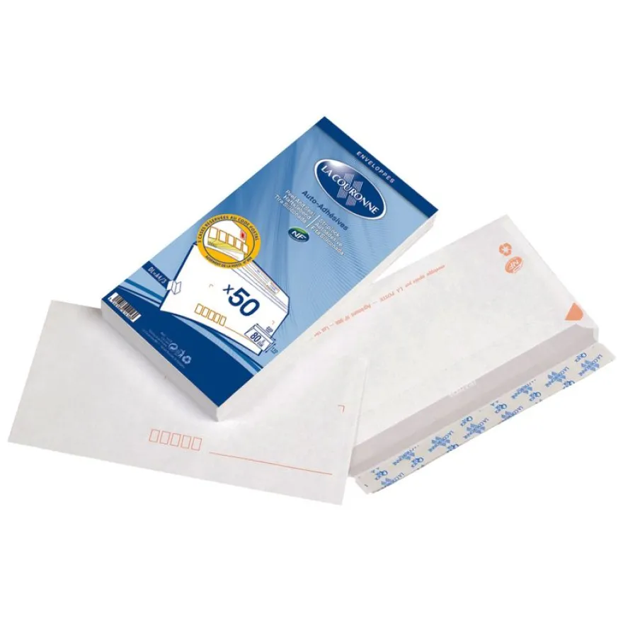 La Couronne - 50 Enveloppes précasées DL 110 x 220 mm - 80 gr - sans fenêtre - blanc - bande auto-adhésive