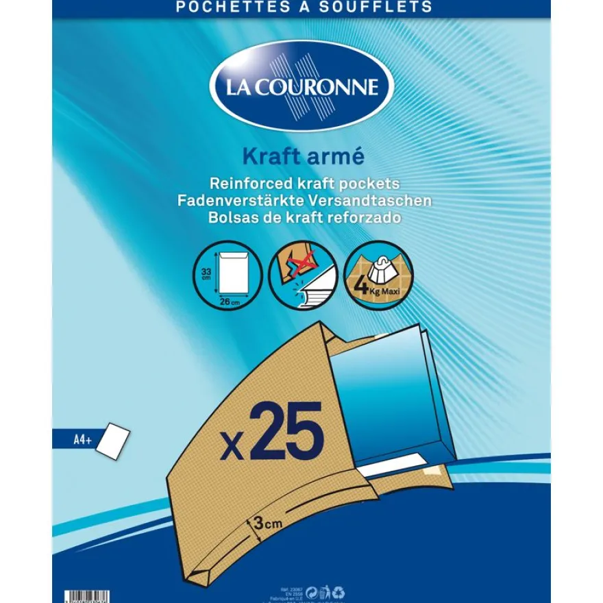 La Couronne - 25 Pochettes Kraft armé - 260 x 330 mm - sans fenêtre - bande auto-adhésive