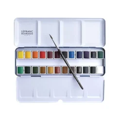 Lefranc Bourgeois - 24 Demi-godets de peinture aquarelle fine avec pinceau et palettte - boîte métal - couleurs assorties