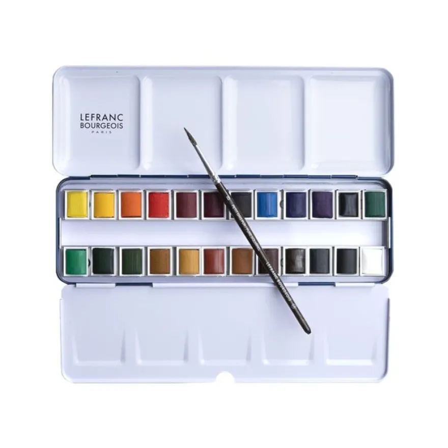 Lefranc Bourgeois - 24 Demi-godets de peinture aquarelle fine avec pinceau et palettte - boîte métal - couleurs assorties