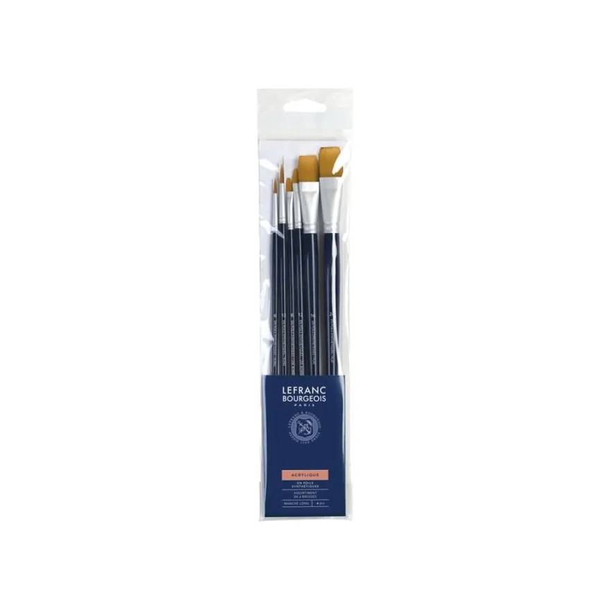 Lefranc Bourgeois - Pack de 6 pinceaux usé bombé, rond, plat - manche long - N° 6, 12, 16, 24