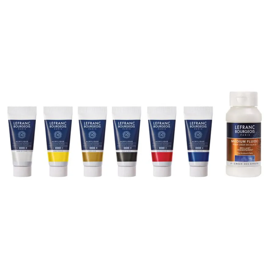 Lefranc Bourgeois - Set de peinture acrylique - 6 couleurs - ocre jaune, blanc titane, jaune primaire, noir ivoire, rouge primaire, bleu primaire