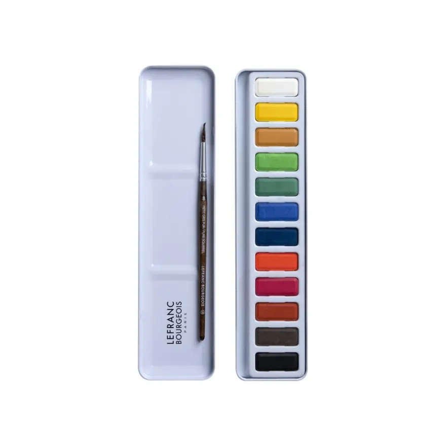 Lefranc Bourgeois Studio - Boîte métal 12 tablettes aquarelle avec pinceau - couleurs assorties