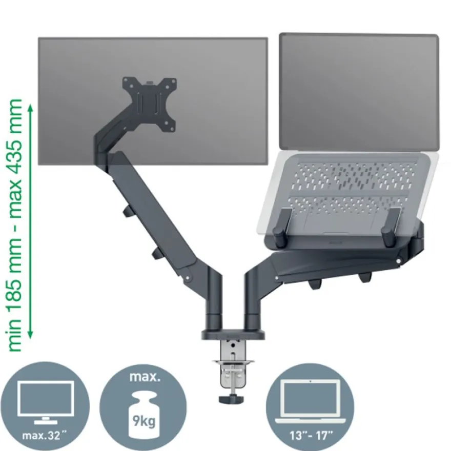 Leitz Ergo – Bras double écran & PC 17"-32"– Ergonomique et gain d’espace – Gris foncé
