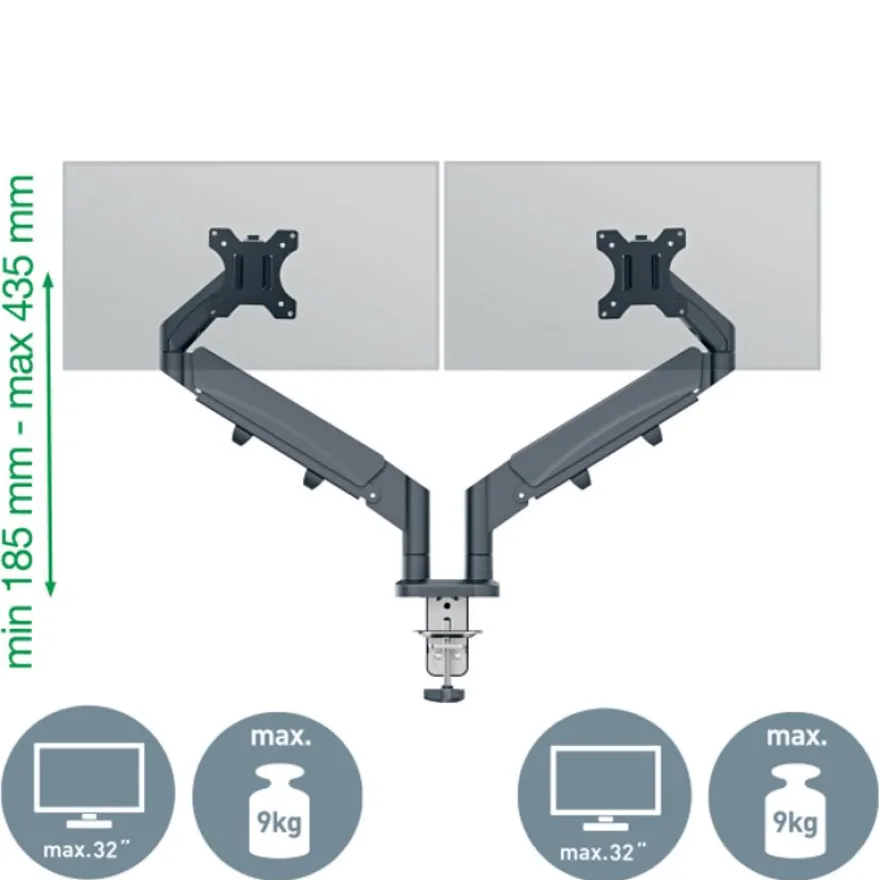 Leitz Ergo – Bras double pour écrans 17"-32" – Réglable et ergonomique – Gris foncé