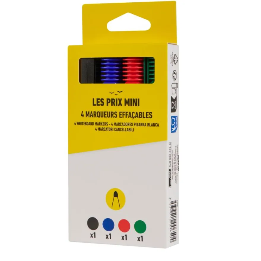 Les Prix Mini – 4 marqueurs effaçables - pointe large - couleurs assorties