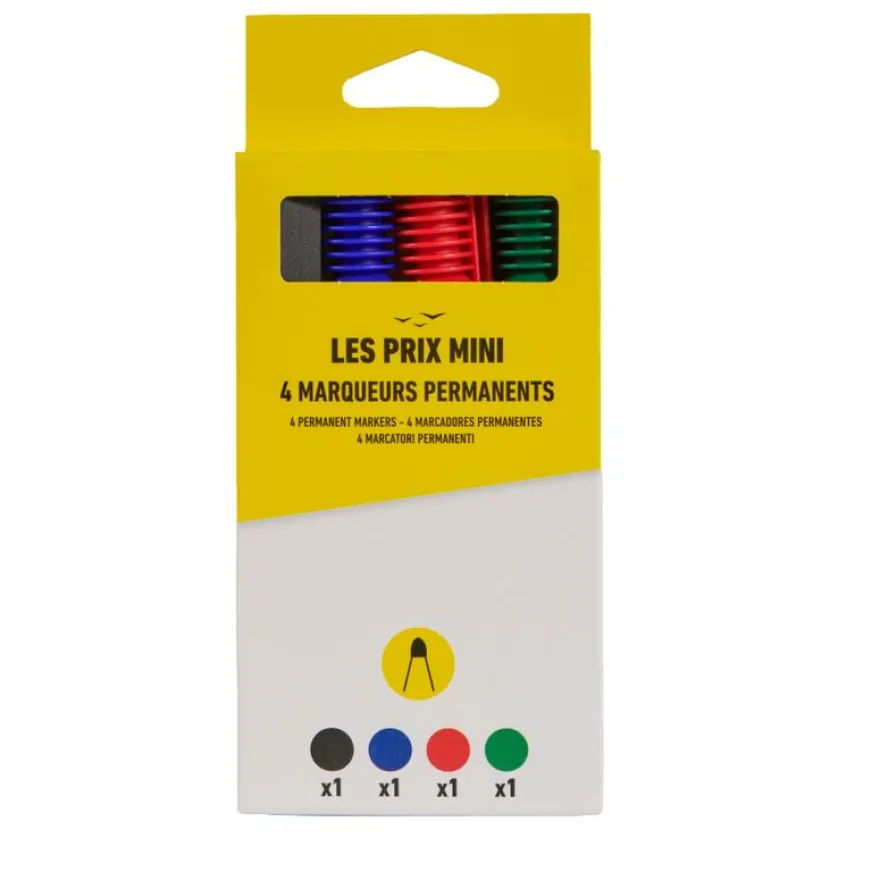Les Prix Mini – 4 marqueurs permanents pointe large – Bleu, noir, rouge et vert