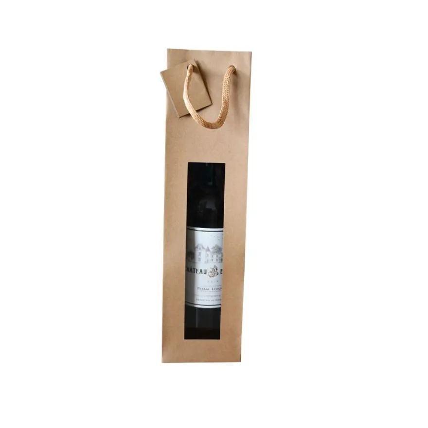 Logistipack - Sac cadeau à fenêtre pour 1 bouteille - poignées cordelières - 10 cm x 9 cm x 38 cm