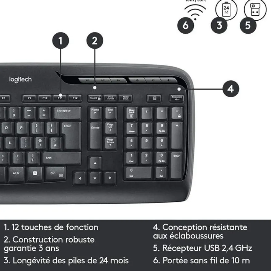 Logitech MK330 - ensemble clavier Azerty et souris sans fil - noir