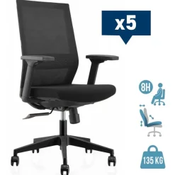 Lot de 5 fauteuils de bureau MAX - accoudoirs réglables - noir
