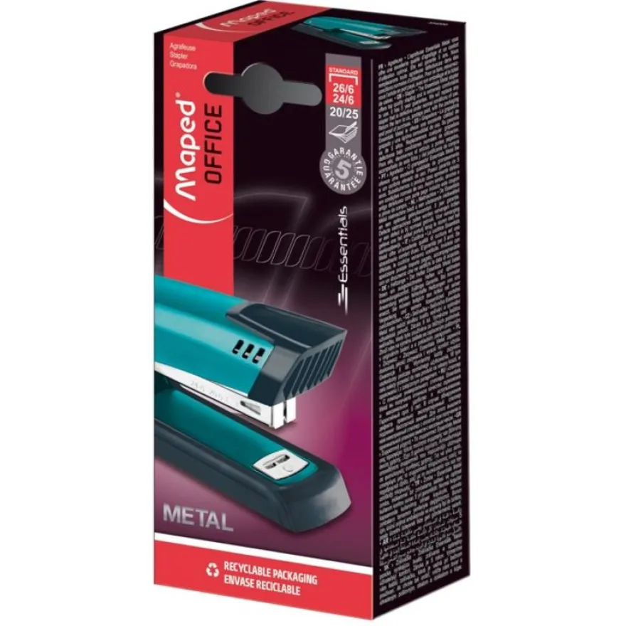 Maped - Agrafeuse décorée Essentials Metal - bleu - capacité de 25 feuilles - agrafes 24/6 ou 26/6