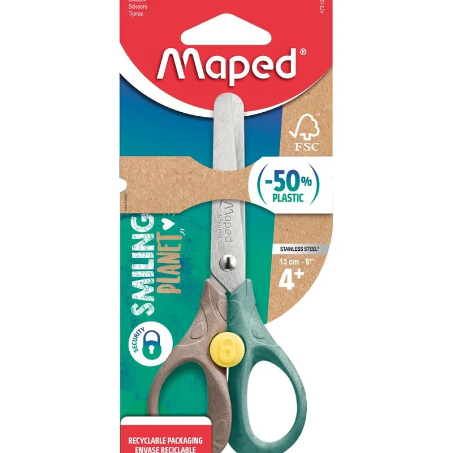 MAPED - Ciseaux SECURITY 13 cm SMILING PLANET - bouton de sécurité - en bois - coloris assortis