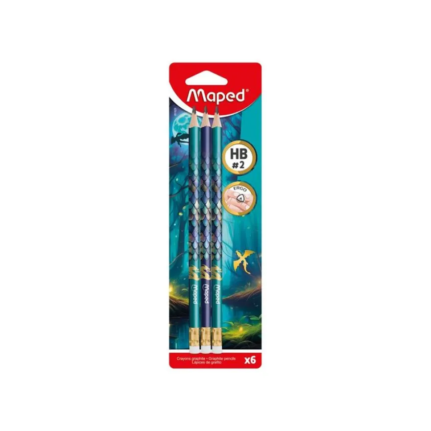 Maped – crayons graphite HB avec embout gomme – Dragon – x6