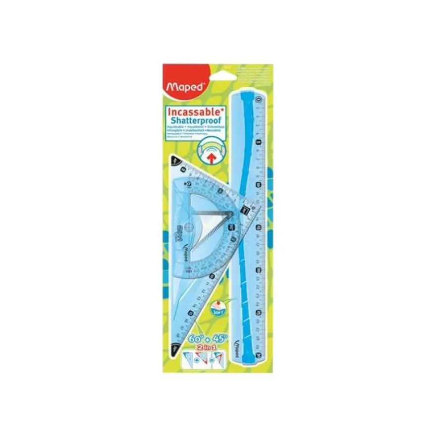 Maped – kit traçage : règle, équerre et rapporteur incassables – règle 30 cm – blister