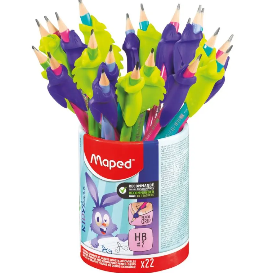 MAPED - Pot de 22 Crayons graphite + guide doigts BLACK'PEPS KIDY LEARN triangulaire HB - embout gomme -41% matière recyclée - décors assortis
