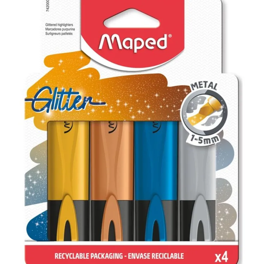 Maped Fluopep's Glitter Metal - Pack de 4 surligneurs - couleurs métalliques assorties