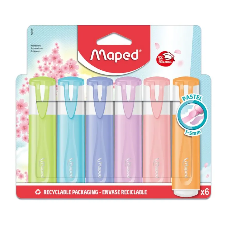 Maped Fluo'Peps Pastel - Pochette de 6 Surligneurs - couleurs assorties