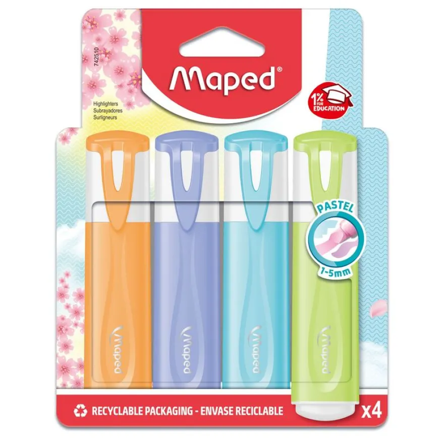 Maped Fluo'Peps Pastel - Pochette de 4 Surligneurs - couleurs assorties