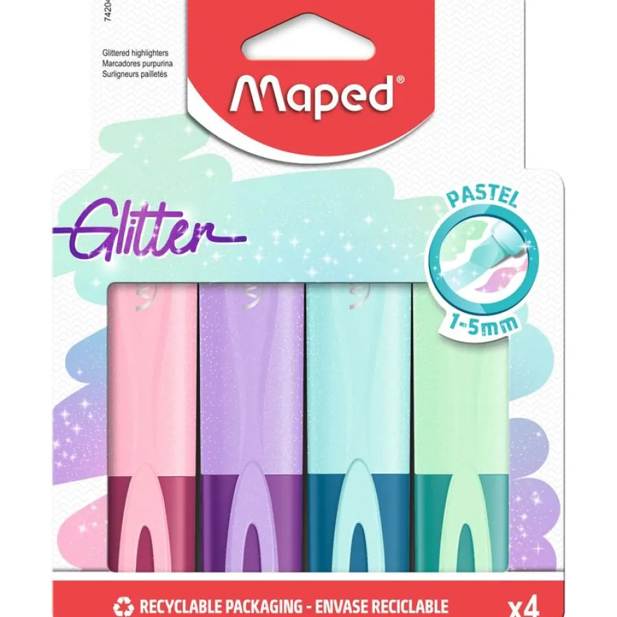 Maped Glitter - Pack de 4 surligneurs - couleurs pastel assorties
