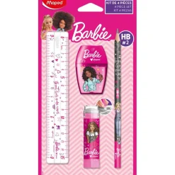 Maped Licence Barbie - Kit de traçage 4 pièces : 1 règle 15cm, 1 taille-crayons 1 trou, 1 gomme tube et 1 crayon graphite HB
