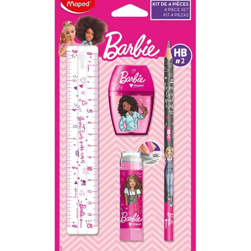 Maped Licence Barbie - Kit de traçage 4 pièces : 1 règle 15cm, 1 taille-crayons 1 trou, 1 gomme tube et 1 crayon graphite HB