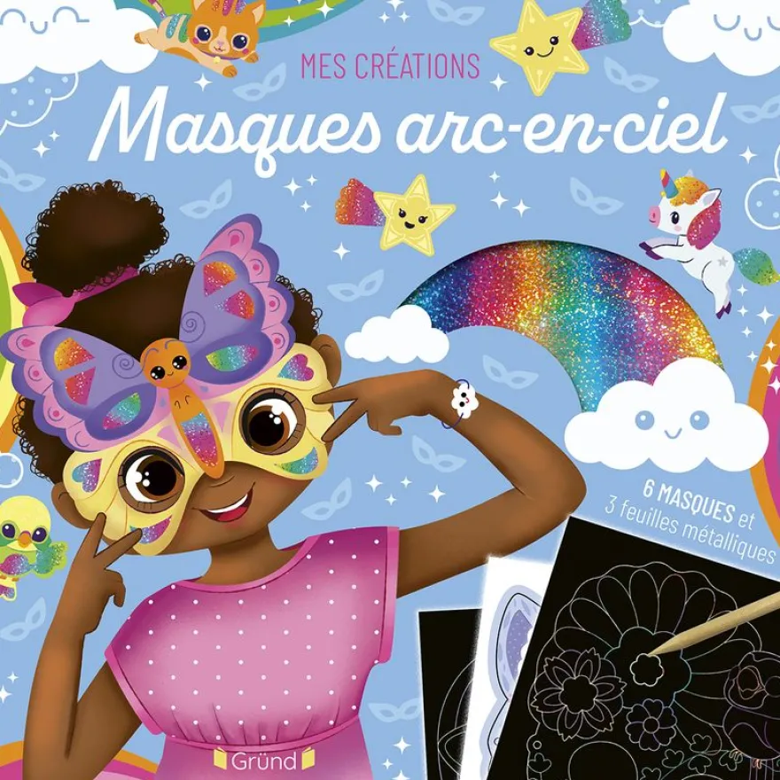 Masques kawaï à métalliser arc-en-ciel Pochette avec 6 masques à gratter et à métalliser À partir de 6 ans