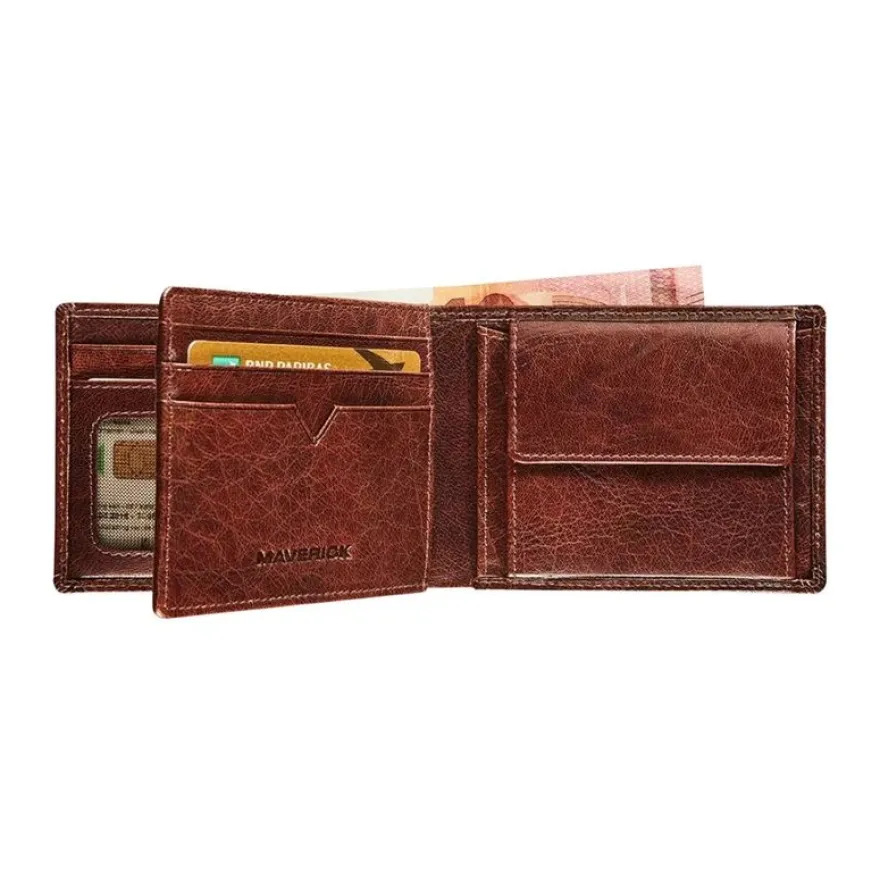 Maverick Rough Gear - Portefeuille - RFID, avec pochette à monnaie - cuir de buffle pleine fleur à tannage végétal - brun