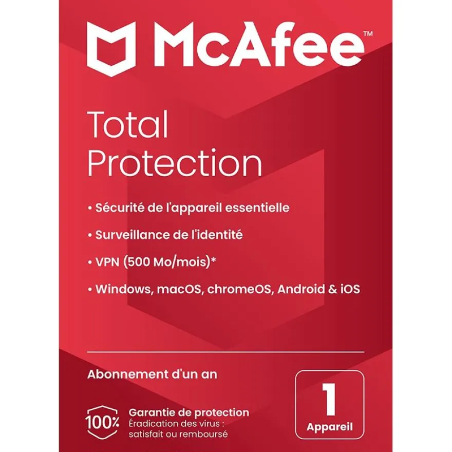 McAffee Total Protection - Code d'activation envoyé par email valable pour 1 appareil pendant 1 an