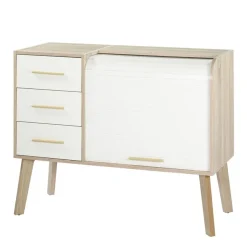 Meuble Cylindre Vintage - 3 Tiroirs Blancs - Pieds Chêne - Rideau blanc