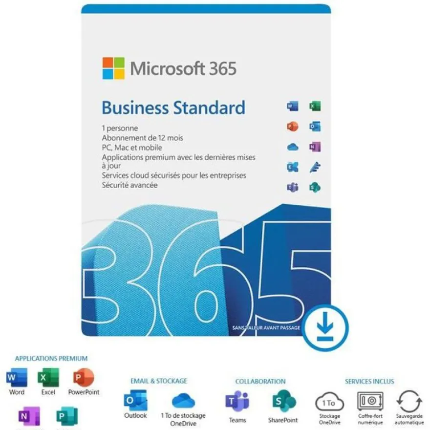 Microsoft 365 Business Standard - Code d'activation envoyé par email valable pour 1 appareil pendant 1 an