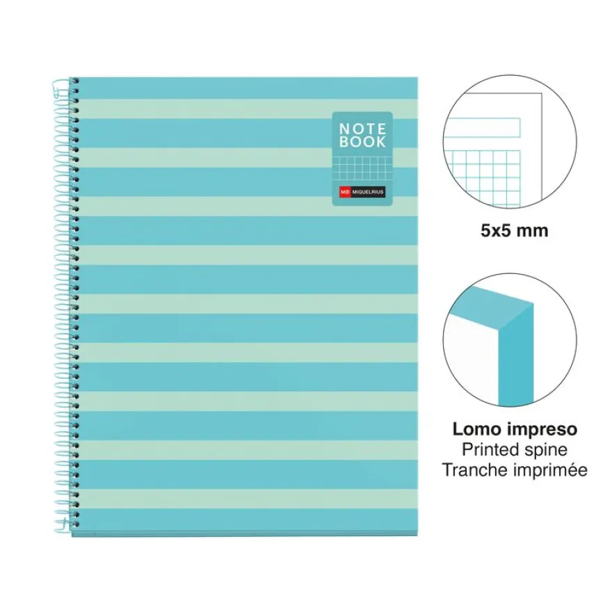 Miquelrius Notebook Between the lines - Cahier à spirale - A4 - 80 feuilles - petits carreaux (5x5 mm) - celeste