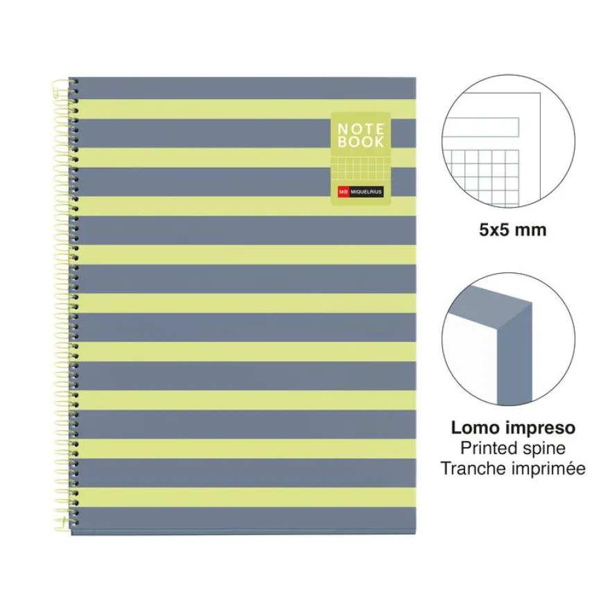 Miquelrius Notebook Between the lines - Cahier à spirale - A4 - 80 feuilles - petits carreaux (5x5 mm) - citron