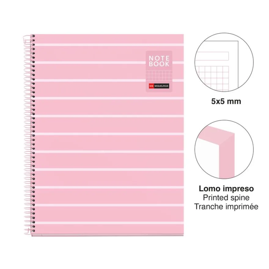 Miquelrius Notebook Between the lines - Cahier à spirale - A4 - 80 feuilles - petits carreaux (5x5 mm) - rose