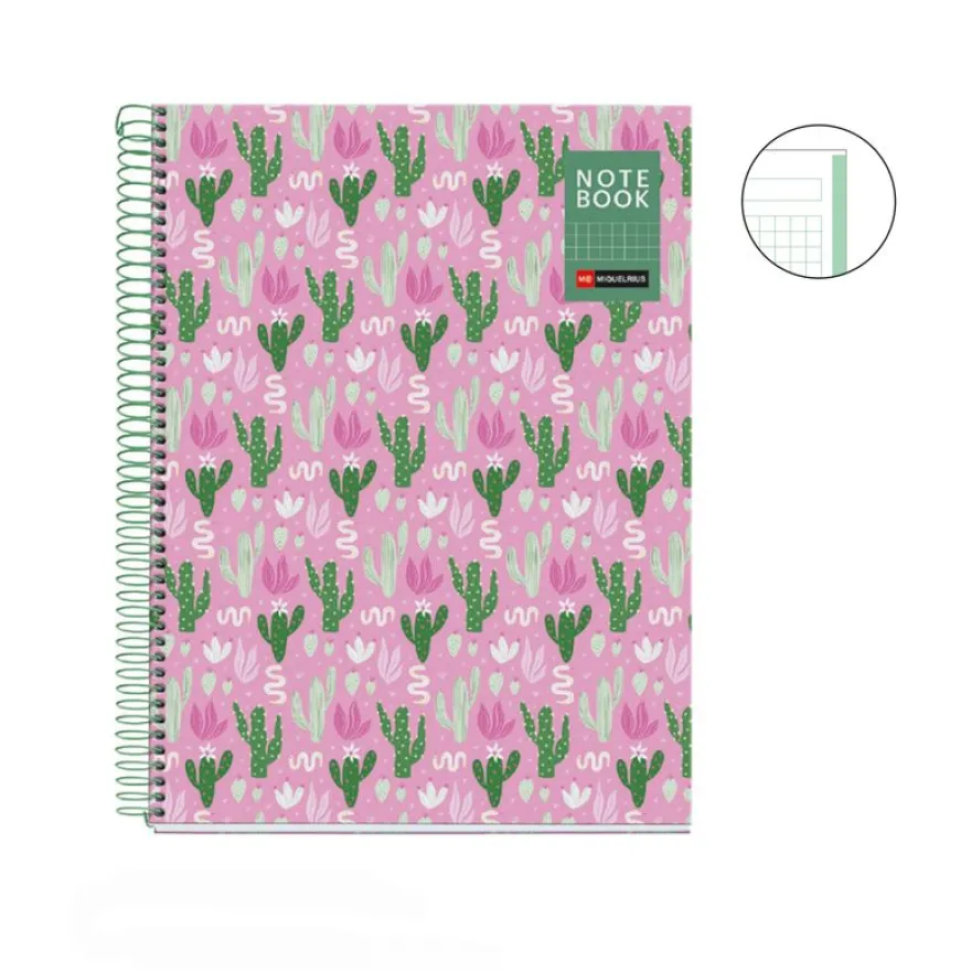 Miquelrius Notebook design Natura - Cahier à spirale - A5 - 80 feuilles - petits carreaux (5x5 mm) - cactus