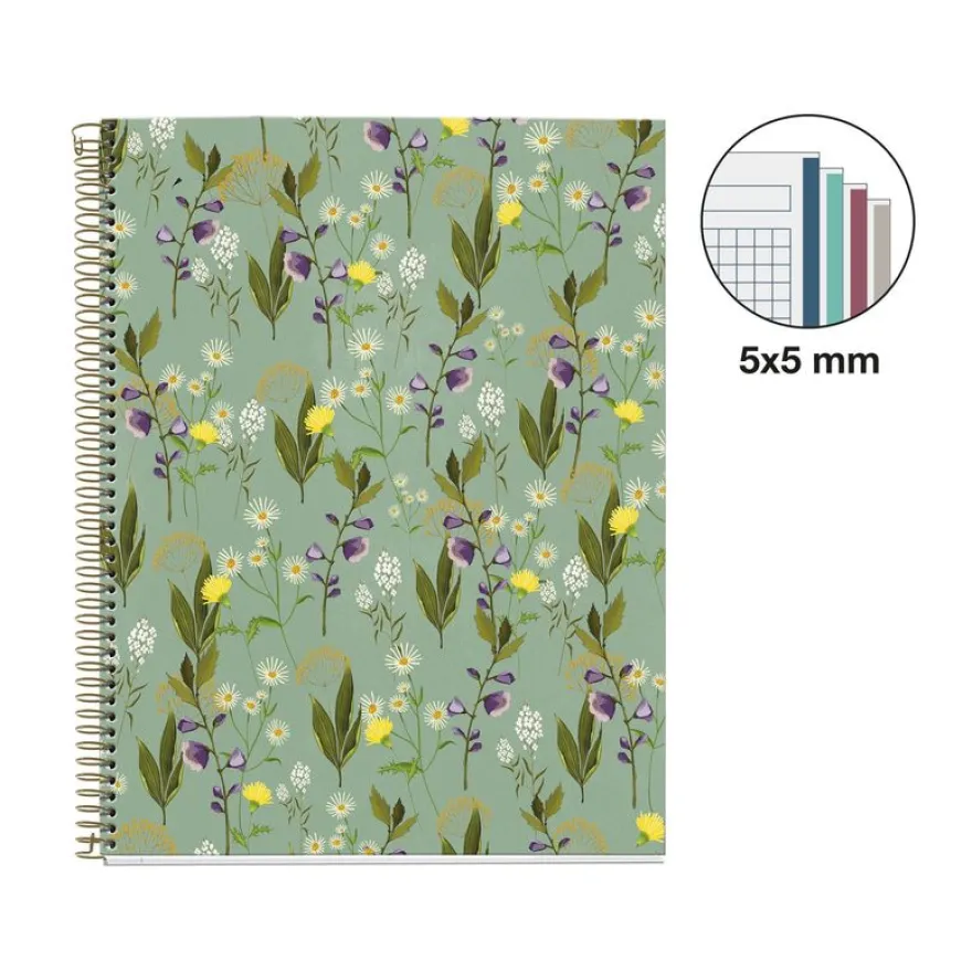 Miquelrius Notebook design Lifestyle - Cahier à spirale - A4 - 100 feuilles - petits carreaux (5x5 mm) - garden vert