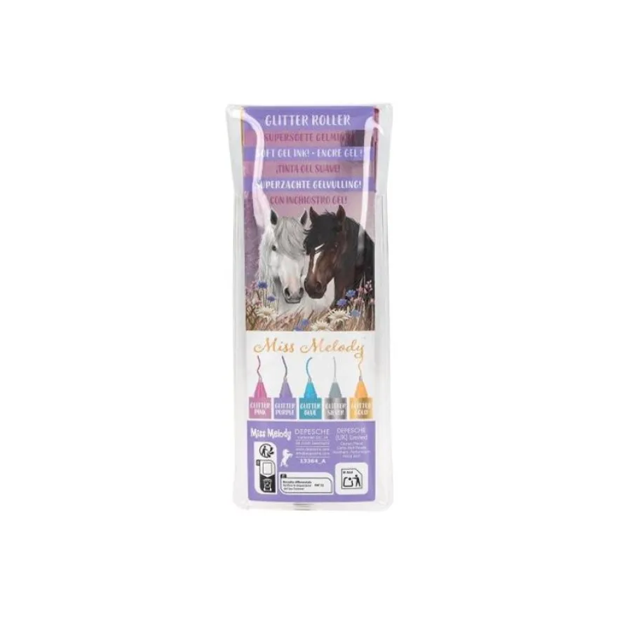 Miss Melody - Roller - cheval - rose paillette, violet paillette, bleu paillettes, argent scintillant, or pailleté - encre gel