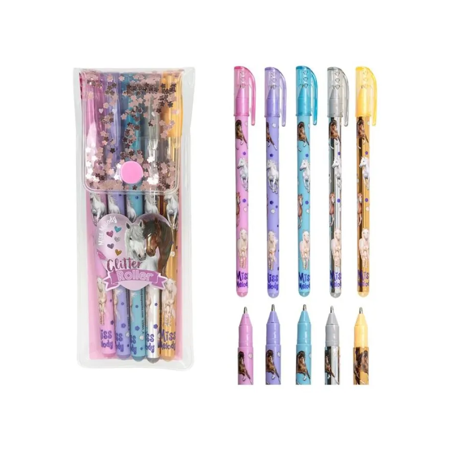 Miss Melody - Roller - cheval - rose paillette, violet paillette, bleu paillettes, argent scintillant, or pailleté - encre gel