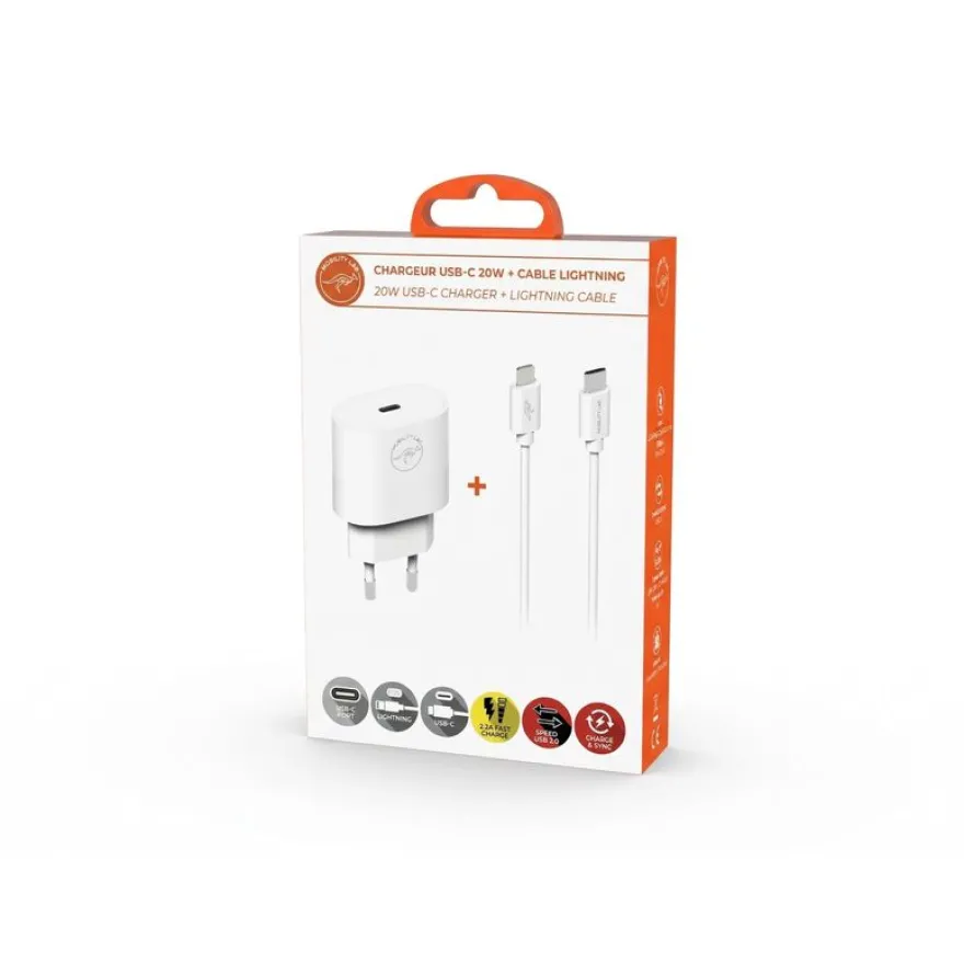 Mobility Lab - Chargeur + câble USB-C vers lightning - 2m - blanc