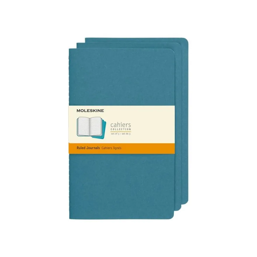 Moleskine Cahier - Journal - reliure cousue - large - 130 x 210 mm - papier ivoire - ligné - brisk blue cover - carton (pack de 3)