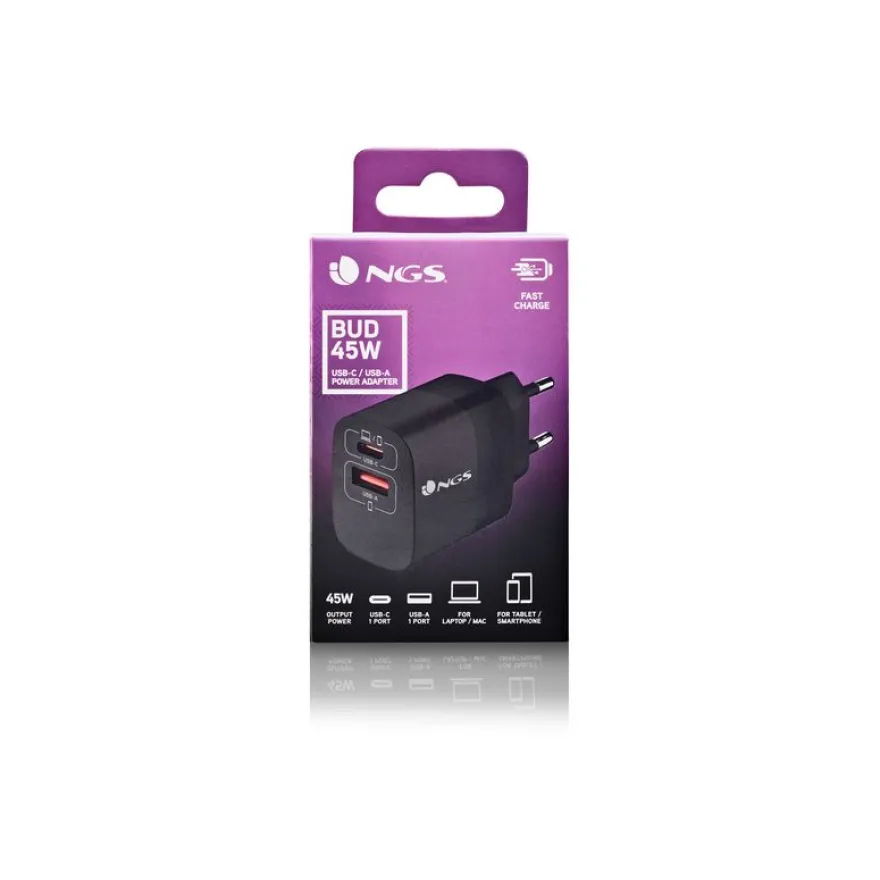 NGS - Chargeur secteur - Ultra Rapide - 45 Watt - 2 connecteurs de sortie (USB-C, USB-A) - noir