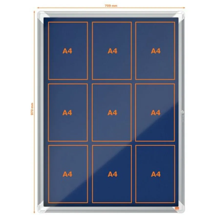 Nobo - Vitrine d'affichage - 9 feuilles A4 - surface en feutre bleu - porte battante - 70,8 x 96,9 x 4,3 cm