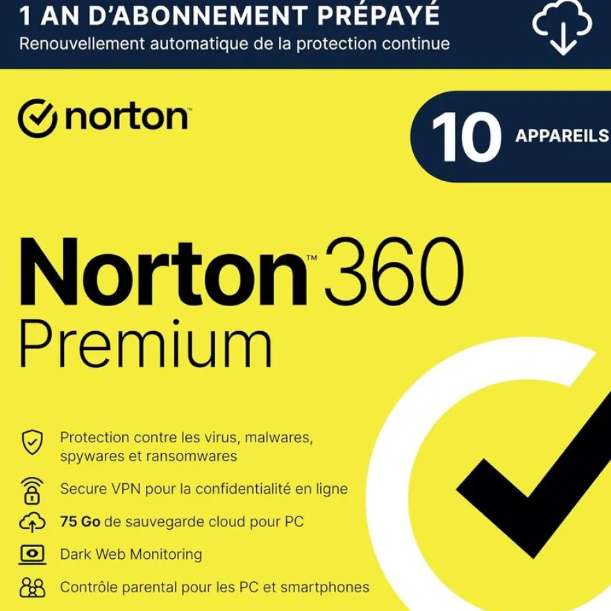 Norton Lefelock 360 premium 75Go de sauvegarde sécurisée sur le Cloud - Code d'activation envoyé par email valable pour 10 appareils pendant 1 an