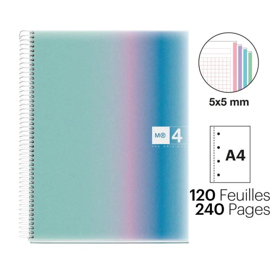 Notebook Aurora, Couverture souple, A4, quadrillage 5x5 mm, 120 feuilles de 4 couleurs, Miquelrius, Santorini.