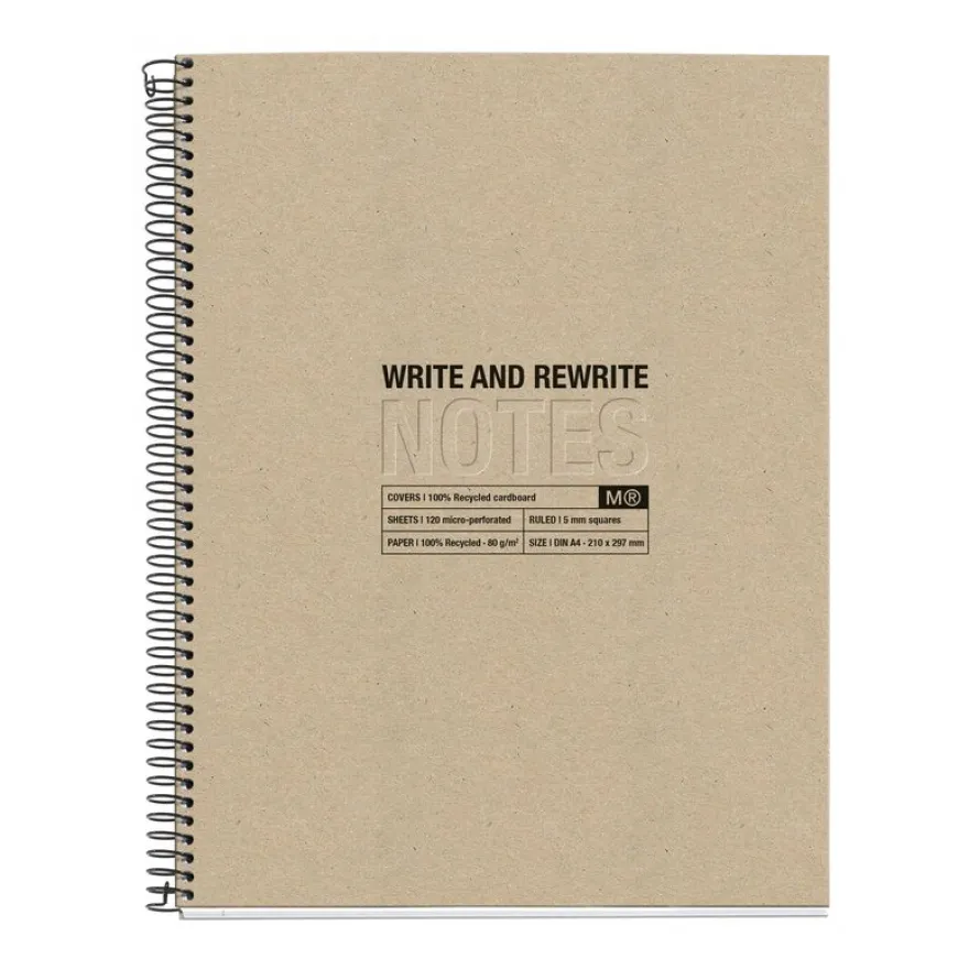 Notebook Eco Design, Carton recyclé, A4, quadrillage 5x5 mm, 120 feuilles de 4 couleurs, Miquelrius, Kraft.
