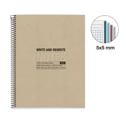 Notebook Eco Design, Carton recyclé, A4, quadrillage 5x5 mm, 120 feuilles de 4 couleurs, Miquelrius, Kraft.