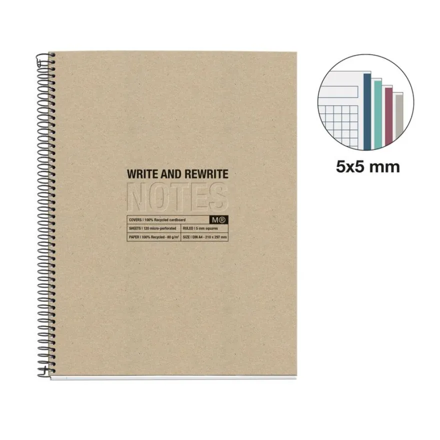 Notebook Eco Design, Carton recyclé, A4, quadrillage 5x5 mm, 120 feuilles de 4 couleurs, Miquelrius, Kraft.