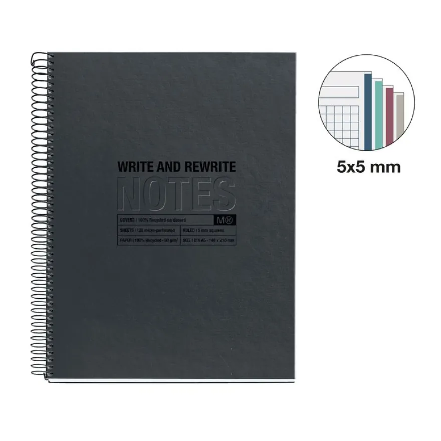 Notebook Eco Design, Carton recyclé, A5, quadrillage 5x5 mm, 120 feuilles de 4 couleurs, Miquelrius, Noir.