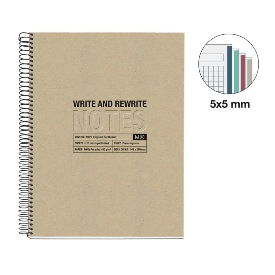Notebook Eco Design, Carton recyclé, A5, quadrillage 5x5 mm, 120 feuilles de 4 couleurs, Miquelrius, Kraft.