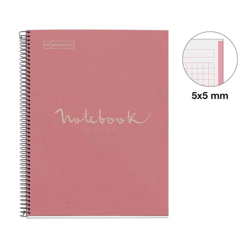 Notebook Eco Emotions, Carton recyclé, A4, quadrillage 5x5 mm, 80 feuilles de 1 couleur, Miquelrius, Rose.